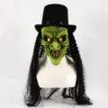 Halloween scary witch mask with black top hat and curly hair creepy costume party prop - Long Curly Hair Witch