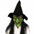 Halloween simulation old witch mask creepy ghost party costume prop black hat long hair wig - Long Hair Witch