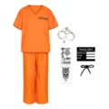 Halloween Gefangener Kostüm orange Jumpsuit mit Handschellen und Polizeirequisiten für Party - M / Set / Kinder Schwarzes Brett Häftling Set (3-teilig)