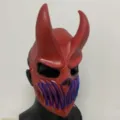 Red PVC deathcore devil mask with blue horns, scary Halloween party costume prop for adults. - Red Glowing Style