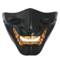 Half face hannya mask halloween costume cosplay tactical black gold teeth adult prop mask - Black Half-Face Hannya