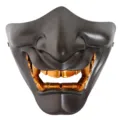 Detailed view of the Japanese Hannya half face mask, dark tactical demon cosplay prop for party. - Silver-Gray Half-Face Hannya