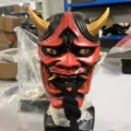 Halloween Japanese traditional Hannya mask costume prop with gold horns and black rope design. - Latex (Red and Black)