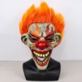 Horror clown mask with vibrant orange hair, perfect for Halloween parties and scary events. - Flame Clown