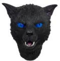 Halloween creepy black cat mask with piercing blue eyes and fangs for spooky party props. - Black