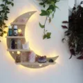 Maan kristal wandplank van hout met warm LED licht voor natuurlijke kamerdecoratie thuis. - Houtkleur Maan
