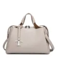 Bolso de mano elegante de cuero con patrón de lichi, bolso tote grande de trabajo con colgante T. - Caqui