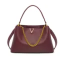 Bolso de mano de cuero burdeos con cadena dorada y logo V, elegante bolso de hombro. - Burdeos