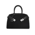 Bolso de mano negro de ante con cierre metálico, elegante bolso de hombro de gran capacidad. - Negro mate