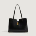Bolso tote negro de cuero para mujer, gran bolso de hombro elegante con cierre dorado. - Negro