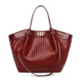 Bolso tote de cuero tejido rojo vino para mujer, elegante bolso de mano frances con cerradura. - Burdeos