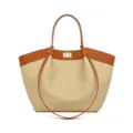 Bolso tote de mano para mujer en lona de paja con contraste de piel PU y cierre chic. - Beige y Marrón