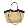Bolso tote de paja estilo francés para mujer, elegante bolso bicolor con asas y cierre. - Beige y Negro