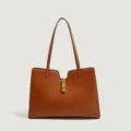 Elegante bolso tote de cuero marrón para mujer, bolso de hombro minimalista de gran capacidad diario. - Marrón Caramelo