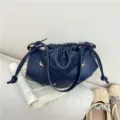 Dark blue faux leather shoulder bag, trendy woven cloud pouch with chic knot details. - Dark Blue