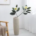 Artificial magnolia leaves branch with tall textured vase for home decor and indoor arrangement. - Two-Fork 15-Leaf Green Leaf White Flower