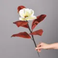 Artificial magnolia flower branch with white bloom and red leaves for home decor SKU display. - Small Single Branch 6-Leaf Red Leaf White Flower