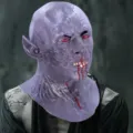 Halloween scary latex demon vampire mask with fangs and blood for party cosplay dress up. - C Purple