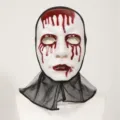 Halloween horror ghost face mask with black mesh hood, scary bloody party costume prop for adults. - Ghostface Mask