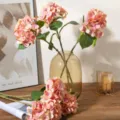 Pink artificial hydrangea flower branch for home decor, beautiful faux floral arrangement vase. - Peach