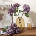Artificial purple hydrangea flowers in glass vase faux floral arrangement for home decor - Autumn Purple