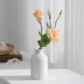 Τεχνητό λουλούδι Lisianthus παραλλαγή, ροδάκινο μεταξωτά λουλούδια σε λευκό βάζο. - Σαμπανί
