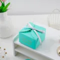 Turquoise gift box with silver ribbon lace design for wedding candy birthday party favor - 9*9*6cm (With Ribbon) / Blue Gold Stamped