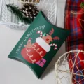 Boîte cadeau coussin de Noël, emballage en papier vert pour biscuits avec joli renne. - Base Verte Renne / Emballage à Plat