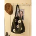 Borsa tote ricamata con fiori in peluche autunno inverno coreana borsa a spalla - Verde
