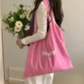 Borsa shopper grande in nylon stile coreano a righe rosa con stampa di lettere chic - Rosa