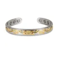 Silver and gold tone floral embossed magnetic copper cuff bracelet adjustable 9mm width - Copper Bangle Two-Tone Gold