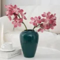 Artificial Phalaenopsis orchid floral arrangement in dark green ceramic vase for home decor - Single Touch Phalaenopsis - Flesh Pink