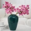 Artificial pink orchid flower in dark green ceramic vase, elegant home decor floral arrangement. - Single Touch Phalaenopsis - Deep Pink