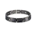 Men's black titanium magnetic bracelet with blue carbon fiber links and health elements detail. - Blue