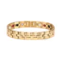 Gold titanium steel magnetic bracelet with stylish brick links and health stones for daily wear. - Gold