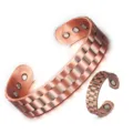 Pure copper magnetic bracelet and ring set with checker texture, open adjustable design. - Bracelet + Ring Set / Copper