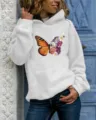 Dames casual hoodie met vlinder bloemen print lange mouw grijs bovenstukje. - S / Tops / Wit met Capuchon