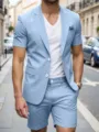 Herren hellblau kurzarm anzug blazer und shorts zweiteiler sommer set freizeitkleidung - S / Oberteil und Unterteil / Blau