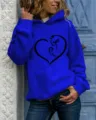 Casual royal blue cat heart print long sleeve hooded sweatshirt for women daily wear - Sapphire Blue