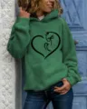 Green hoodie featuring a cute cat heart graphic print, long sleeves with a cozy hood. - Green