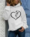 Women white long sleeve hooded sweatshirt featuring cute black cat heart graphic print casual top - S / Tops / White