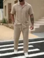 Ανδρικό casual σύνολο σε καφέ χρώμα με κοντομάνικο πουκάμισο και παντελόνι με κέντημα. - S / Τοπ Και Παντελόνι / Χακί