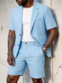Men light blue short sleeve suit set casual gentleman summer two piece outfit detail view - S / Top And Bottom / Blue