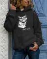 Women's long sleeve pullover hooded sweatshirt with cute grumpy cat graphic print. - S / Tops / Black
