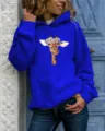 Casual long sleeve hooded sweatshirt for women featuring cute giraffe graphic print in royal blue. - Royal Blue Hooded