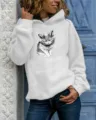 Detailed shot of casual long sleeve hoodie with cute angry cat graphic and text print. - White