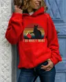 Red long sleeve hooded sweatshirt for women with vintage black cat graphic and fun print detail - S / Tops / Red