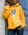 Women long sleeve hooded sweatshirt casual cute cat graphic pullover yellow top daily wear - S / Tops / Yellow