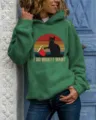 Women casual long sleeve green hoodie featuring a cool black cat graphic and retro print. - Green