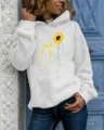 Detailed view of women's casual long sleeve hooded sweatshirt featuring cute cat and sunflower graphic print. - S / Tops / White